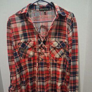 Always Indigo Sz L Lace-up Tunic Top Plaid Blouse Roll Tab Sleeve